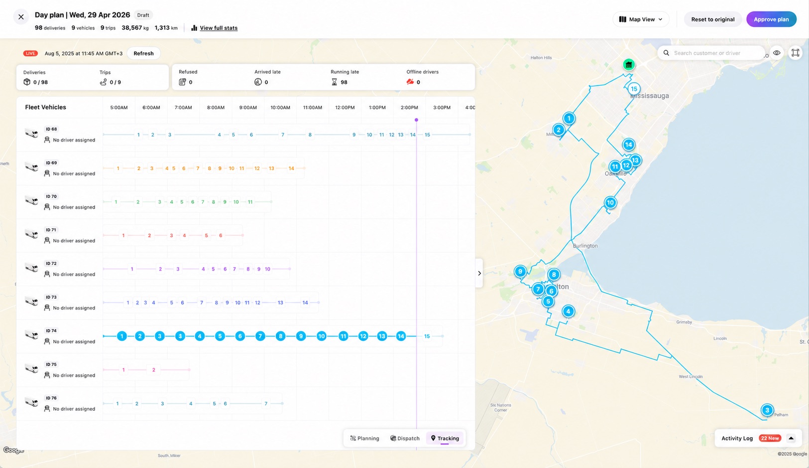 ORKSTRA live tracking: per-vehicle delivery progress with the fleet's routes on the map